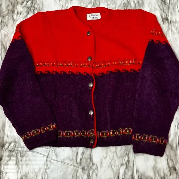 United Colors Of Benetton Red and Purple Cardigan Cabincore Chunky Vibrant 90s - Picture 2 of 9